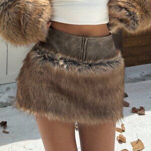 Brown Casual Women's Faux Fur Patchwork Skirt